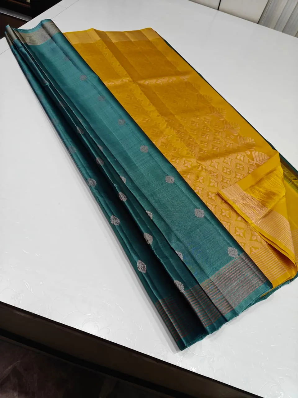 Peacock Teal Floral Butta Zari Kanchipuram Soft Silk Saree